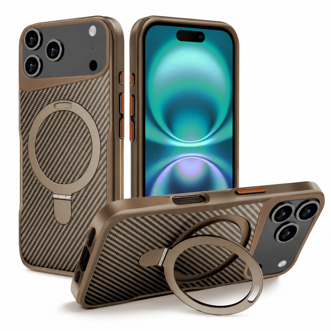 Carbon Fiber Magnetic Kickstand Case - Gold para iPhone 17 Pro Max